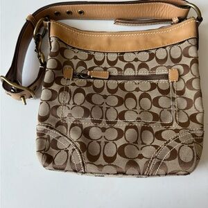 Coach Brown Signature Canvas Crossbody with Tan Leather Trim